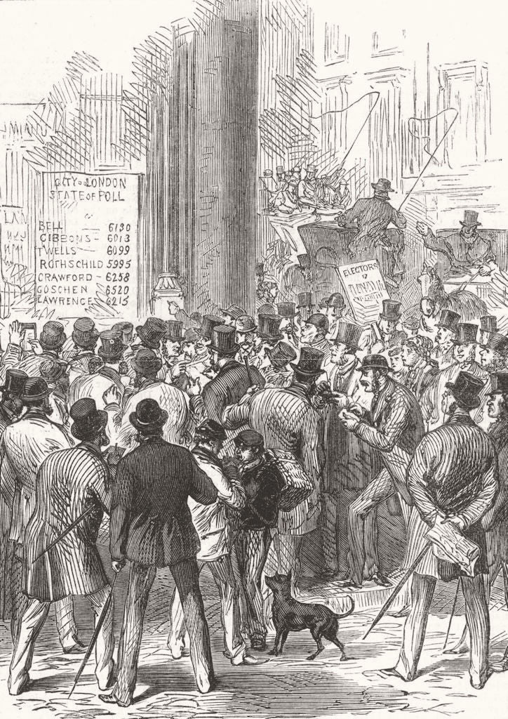 LONDON. Scene, General Election. Close of poll 1868 old antique print picture